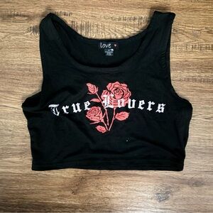 Love Black Crop Top with Red Rose and Text Design